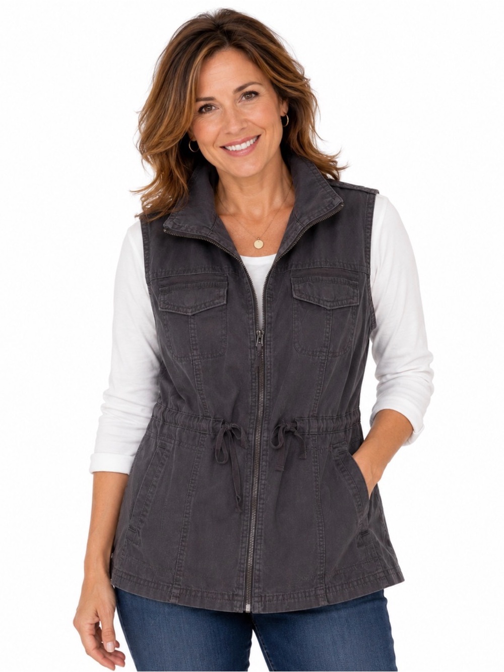 Women's Washed Charcoal Utility Vest - Drawstring Waist s-m